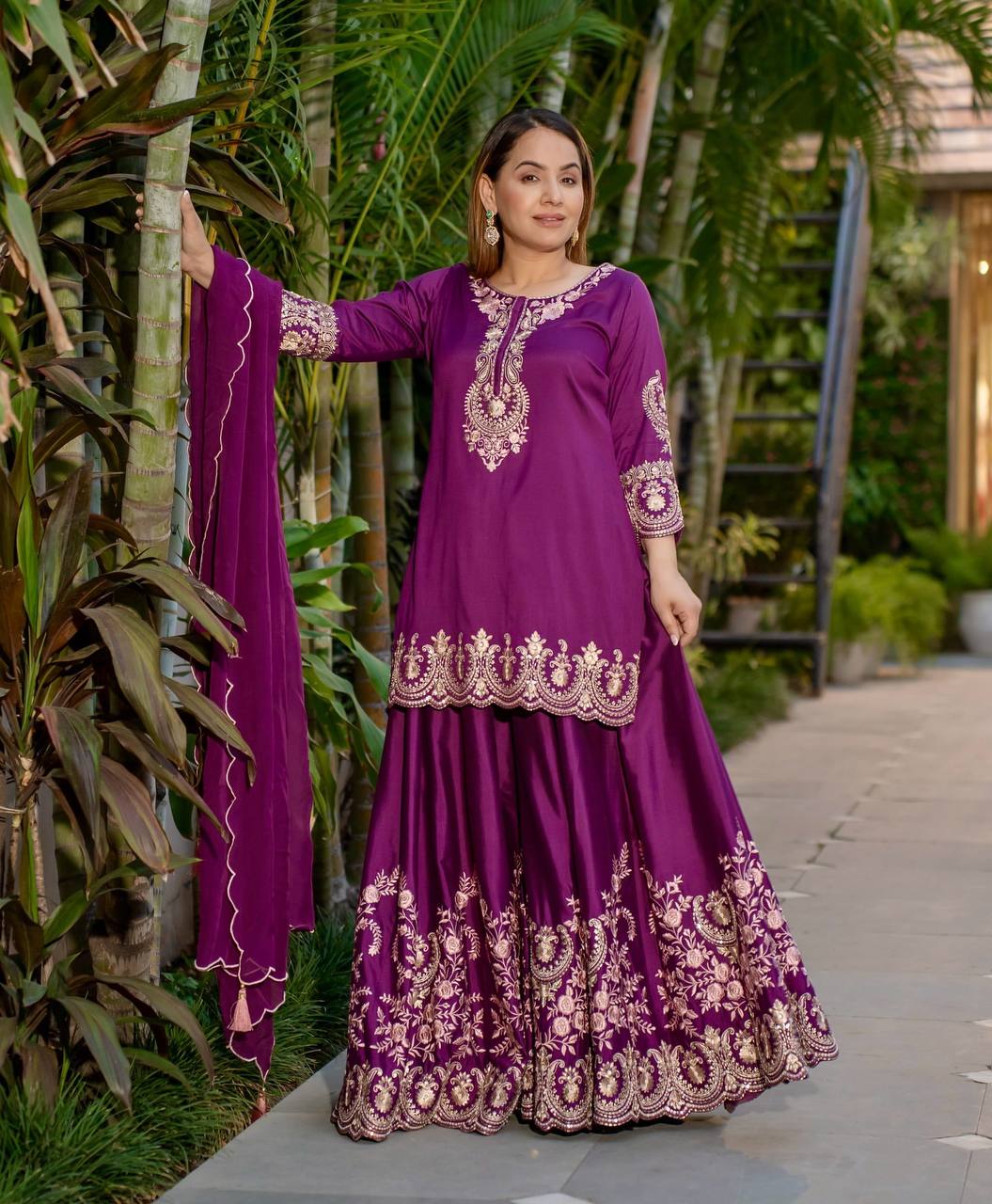 Exclusive Purple Color Heavy French Crepe With Embroidery Sequence Work Sharara Suit