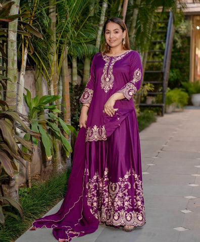 Exclusive Purple Color Heavy French Crepe With Embroidery Sequence Work Sharara Suit