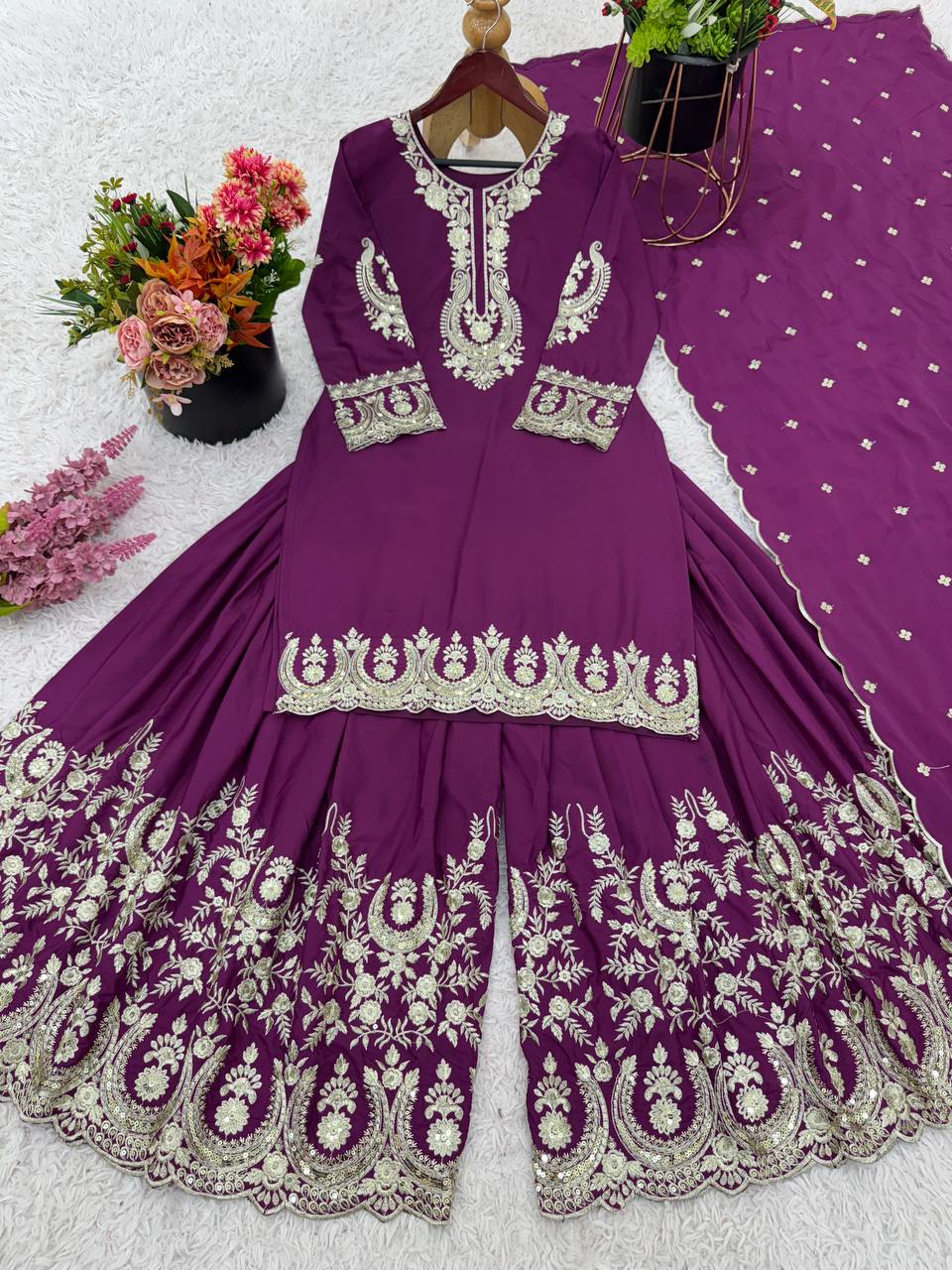 Exclusive Purple Color Heavy French Crepe With Embroidery Sequence Work Sharara Suit
