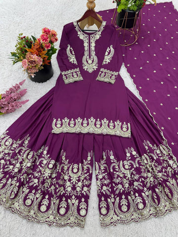 Exclusive Purple Color Heavy French Crepe With Embroidery Sequence Work Sharara Suit