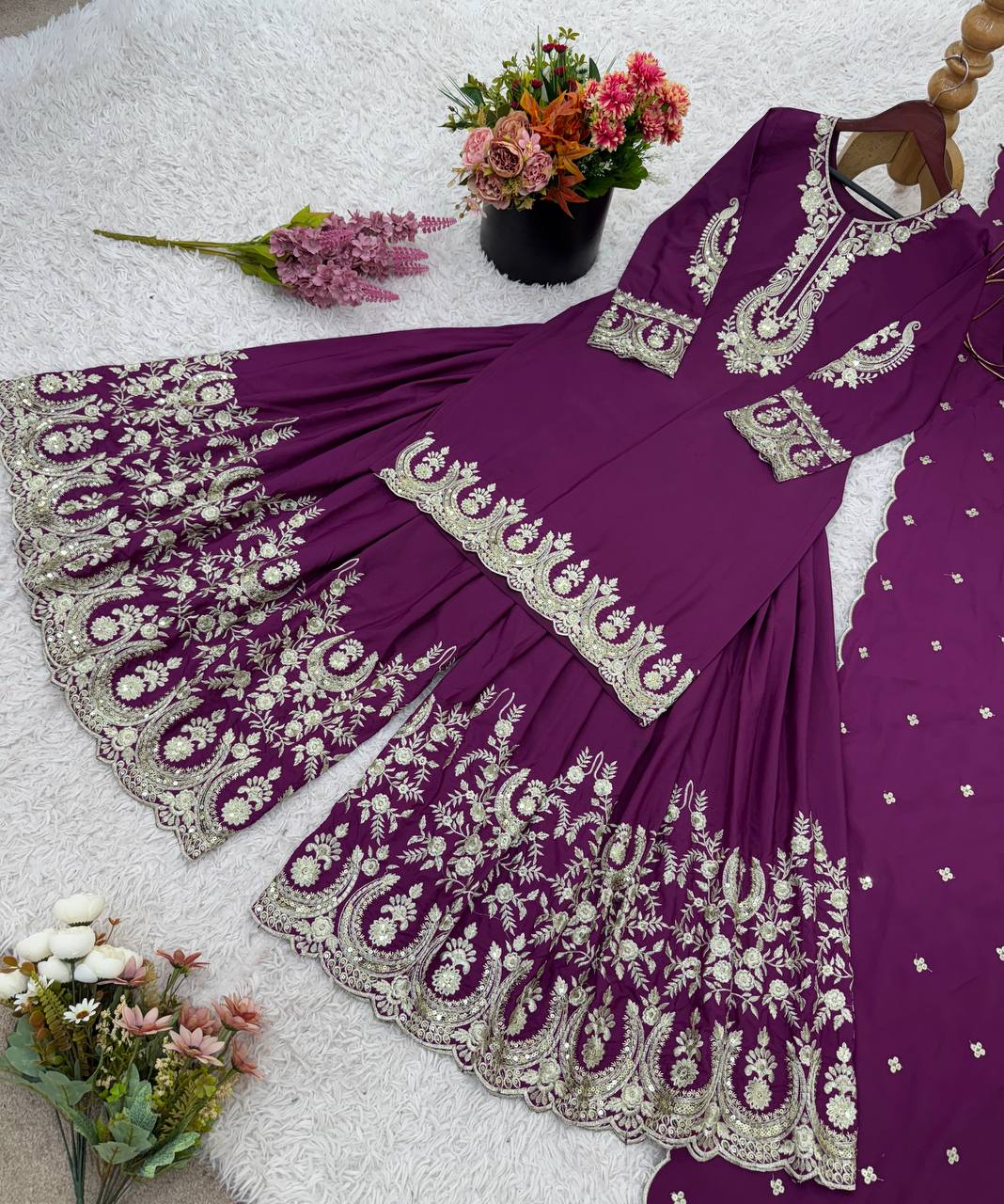 Exclusive Purple Color Heavy French Crepe With Embroidery Sequence Work Sharara Suit