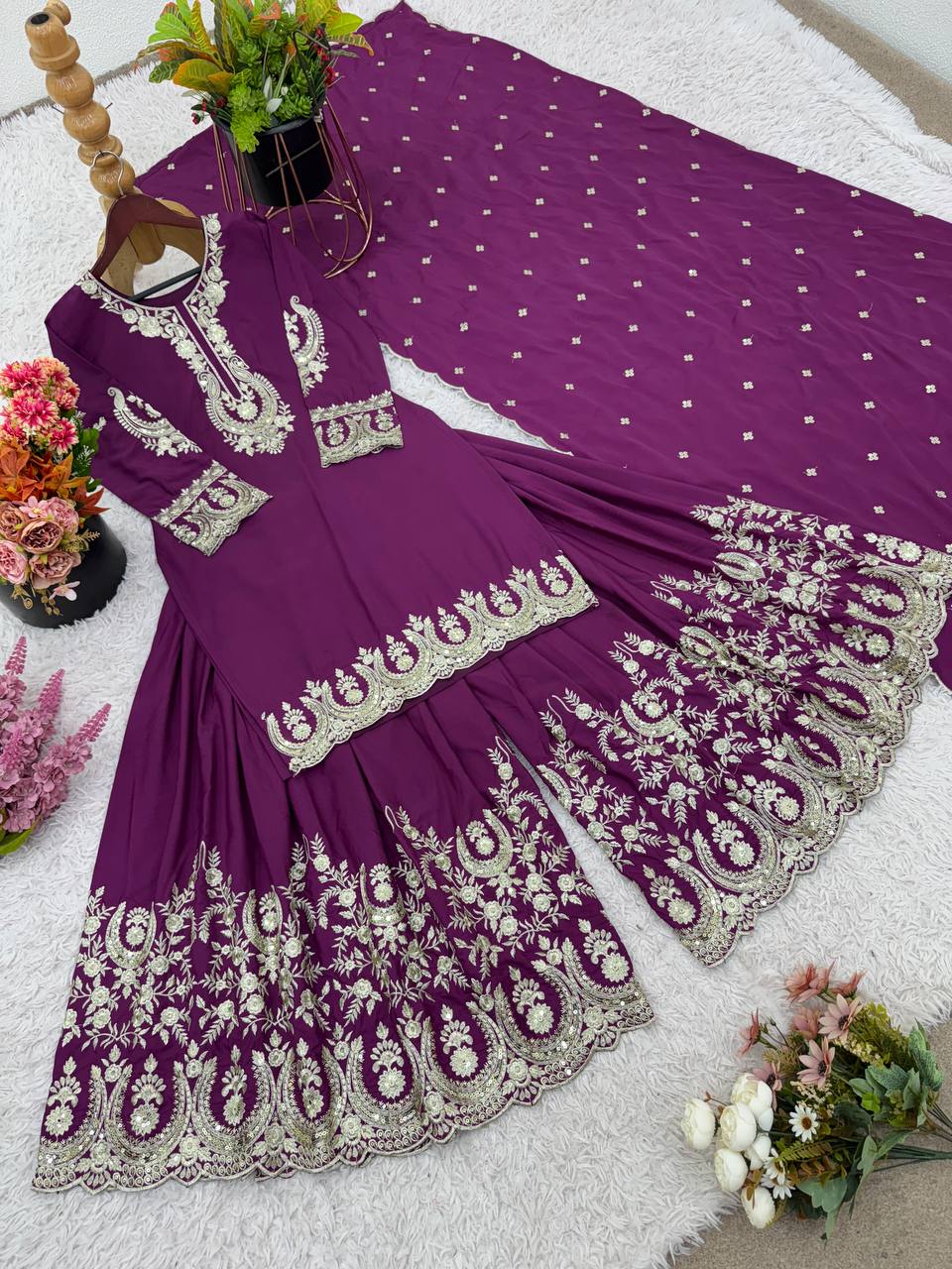 Exclusive Purple Color Heavy French Crepe With Embroidery Sequence Work Sharara Suit