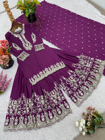 Exclusive Purple Color Heavy French Crepe With Embroidery Sequence Work Sharara Suit