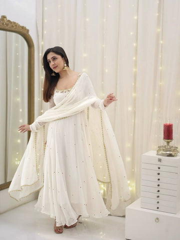 Wedding Wear White Color Faux Georgette With Embroidery Work Beautiful Anarkali Suit