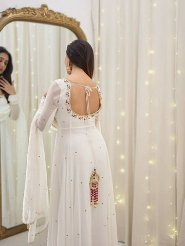 Wedding Wear White Color Faux Georgette With Embroidery Work Beautiful Anarkali Suit