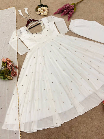 Wedding Wear White Color Faux Georgette With Embroidery Work Beautiful Anarkali Suit