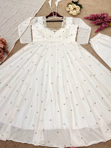 Wedding Wear White Color Faux Georgette With Embroidery Work Beautiful Anarkali Suit