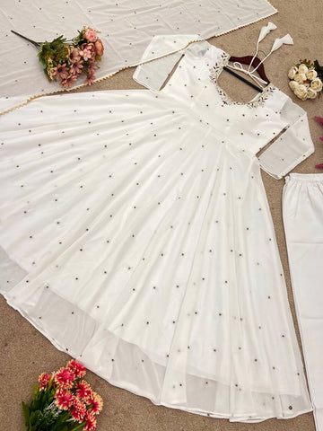 Wedding Wear White Color Faux Georgette With Embroidery Work Beautiful Anarkali Suit