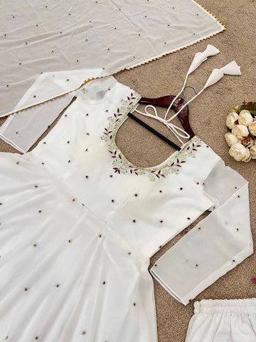 Wedding Wear White Color Faux Georgette With Embroidery Work Beautiful Anarkali Suit