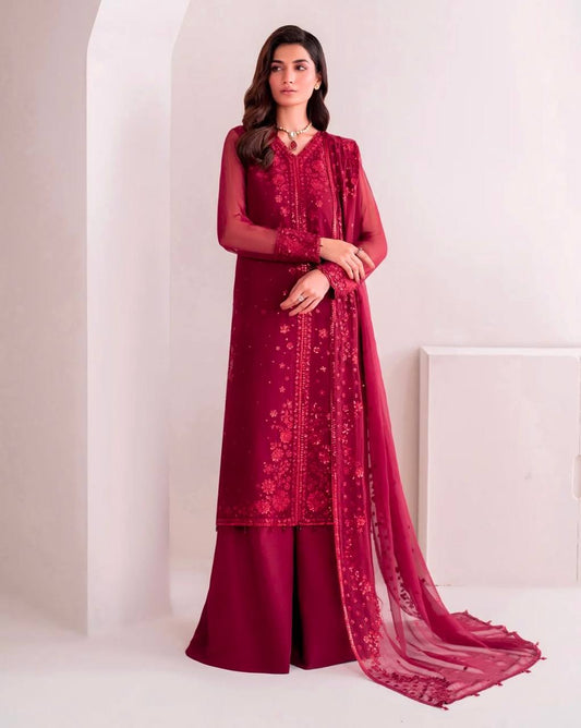 Festive Wear Maroon Color Pure Faux Georgette With Embroidery Sequence Work Palazzo Suit