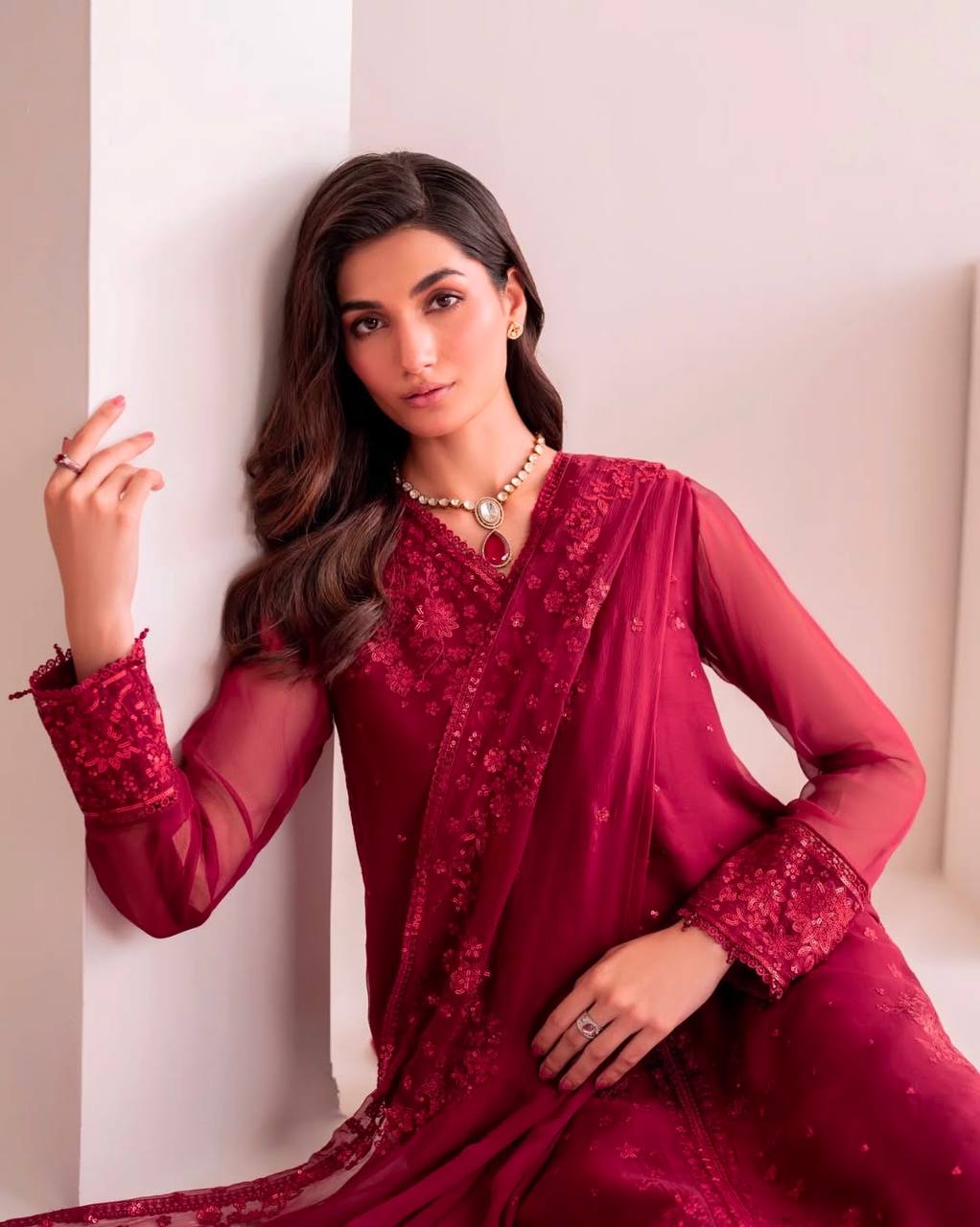 Festive Wear Maroon Color Pure Faux Georgette With Embroidery Sequence Work Palazzo Suit