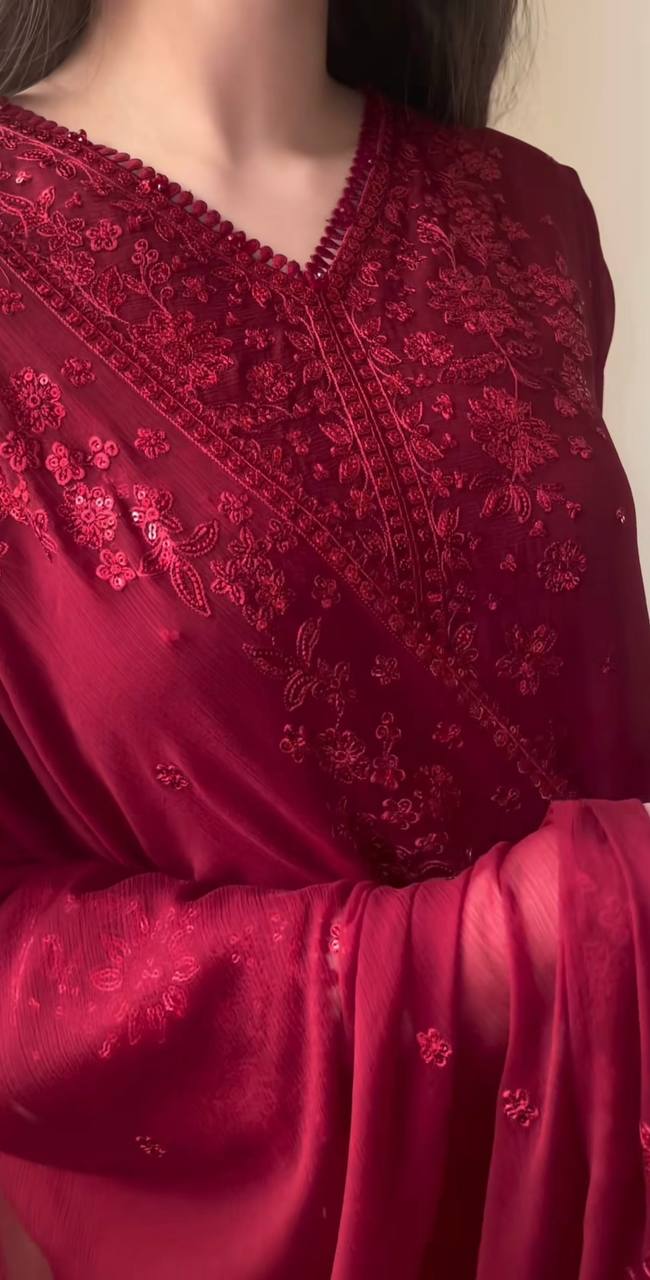 Festive Wear Maroon Color Pure Faux Georgette With Embroidery Sequence Work Palazzo Suit