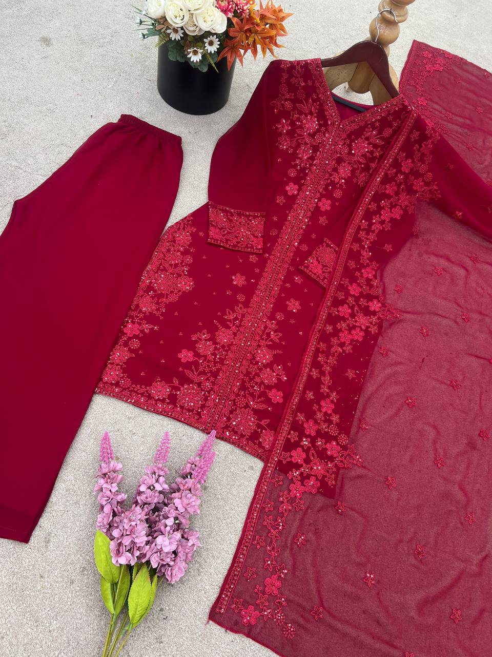 Festive Wear Maroon Color Pure Faux Georgette With Embroidery Sequence Work Palazzo Suit