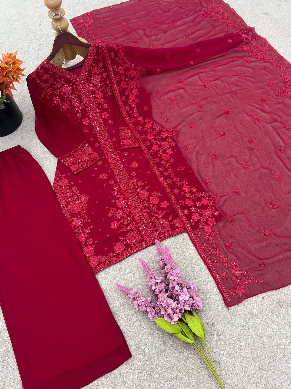 Festive Wear Maroon Color Pure Faux Georgette With Embroidery Sequence Work Palazzo Suit