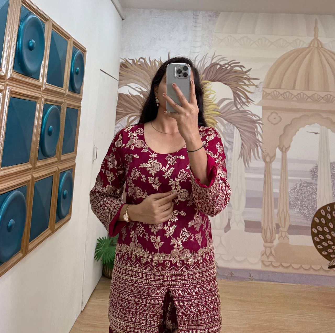 Stylish Maroon Color Dola Silk With Embroidery Work Designer Palazzo Suit