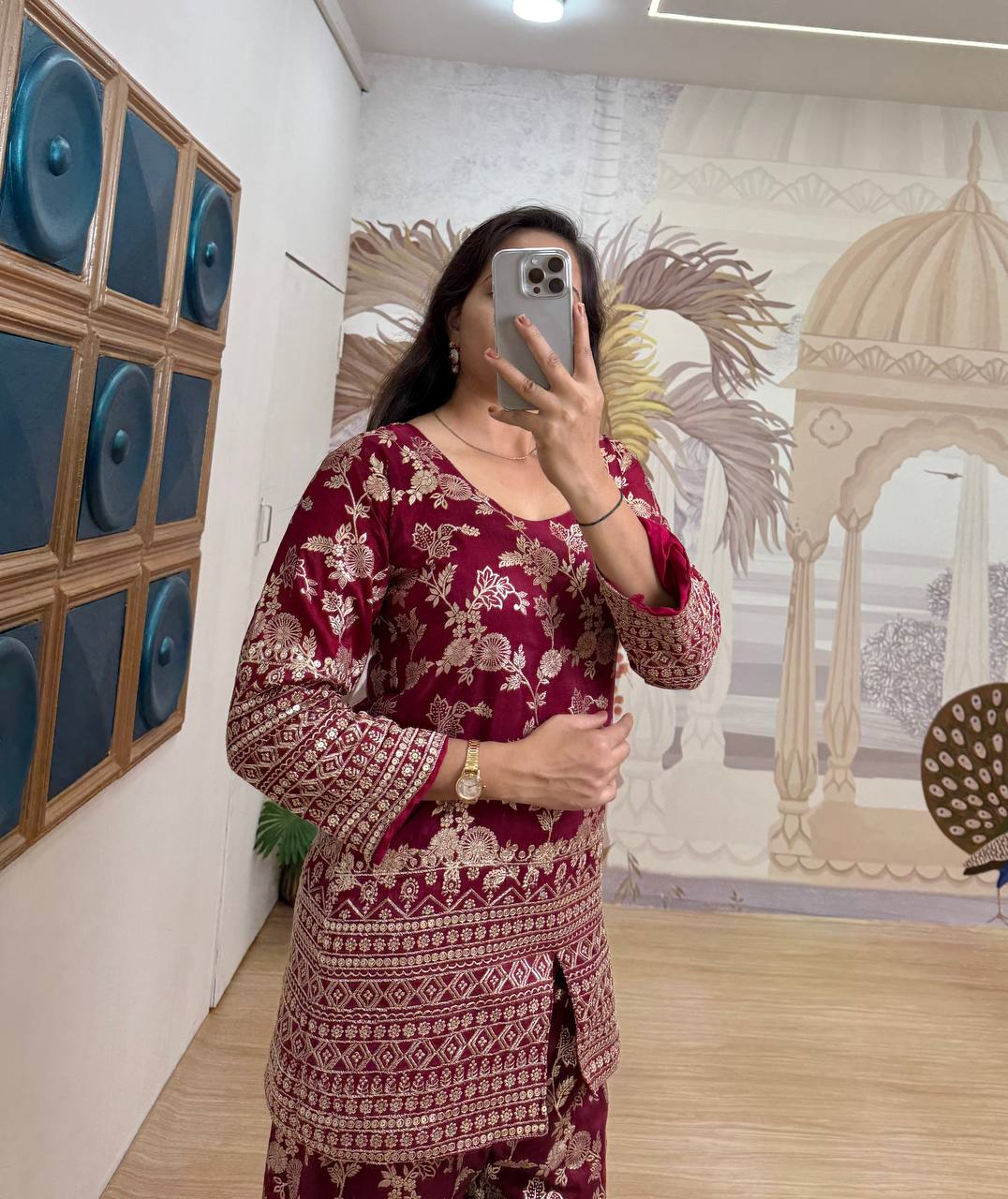 Stylish Maroon Color Dola Silk With Embroidery Work Designer Palazzo Suit