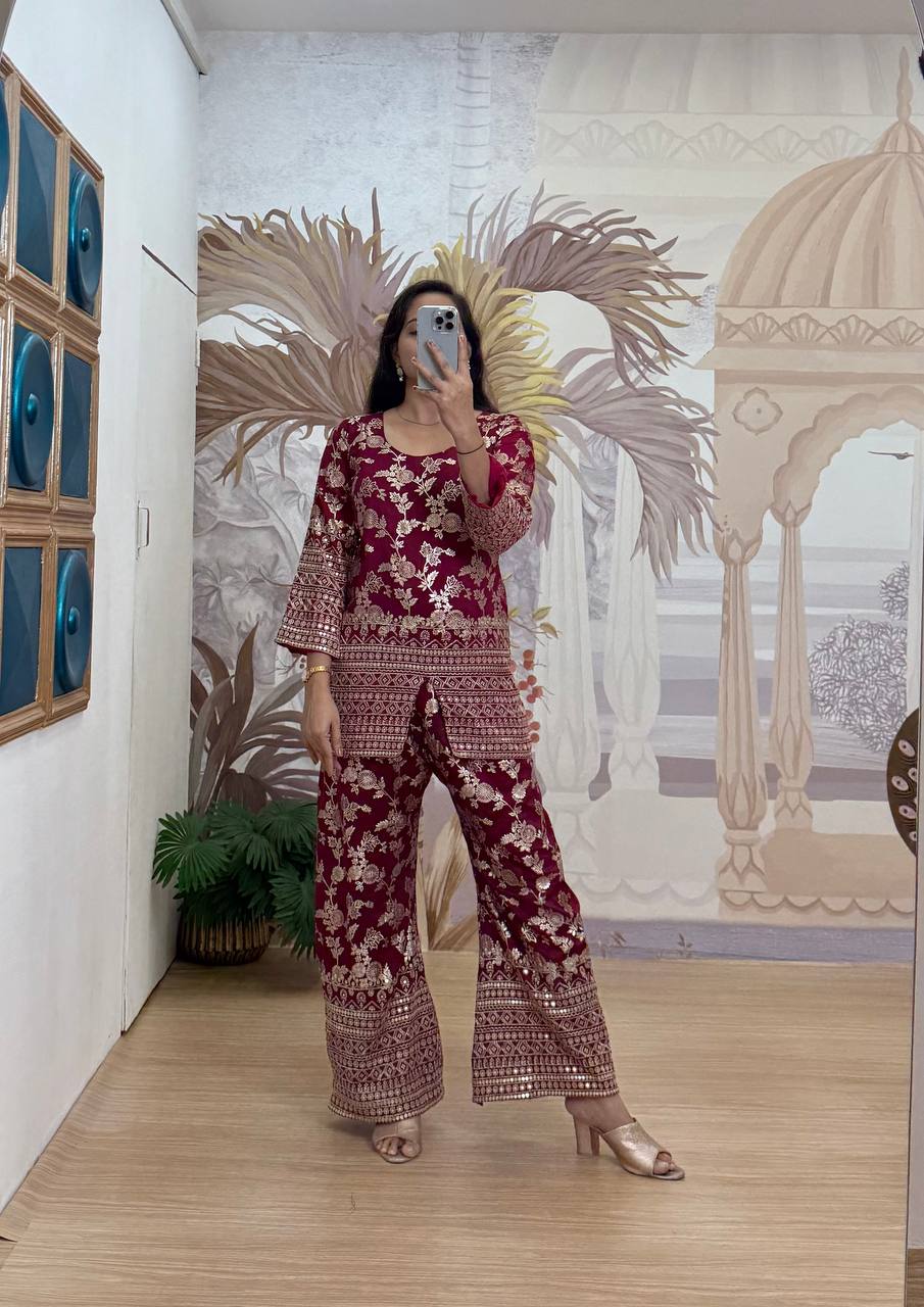 Stylish Maroon Color Dola Silk With Embroidery Work Designer Palazzo Suit