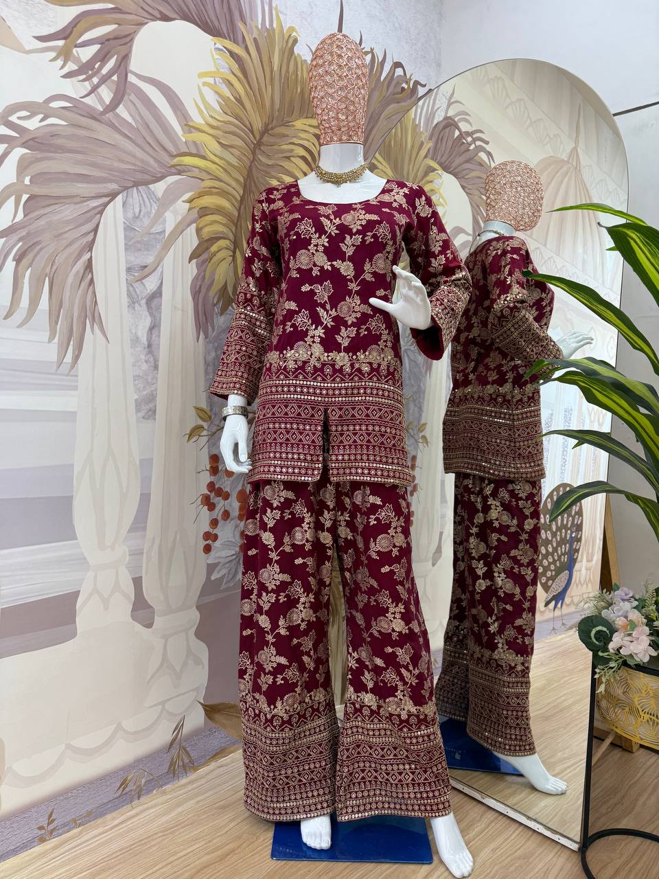 Stylish Maroon Color Dola Silk With Embroidery Work Designer Palazzo Suit