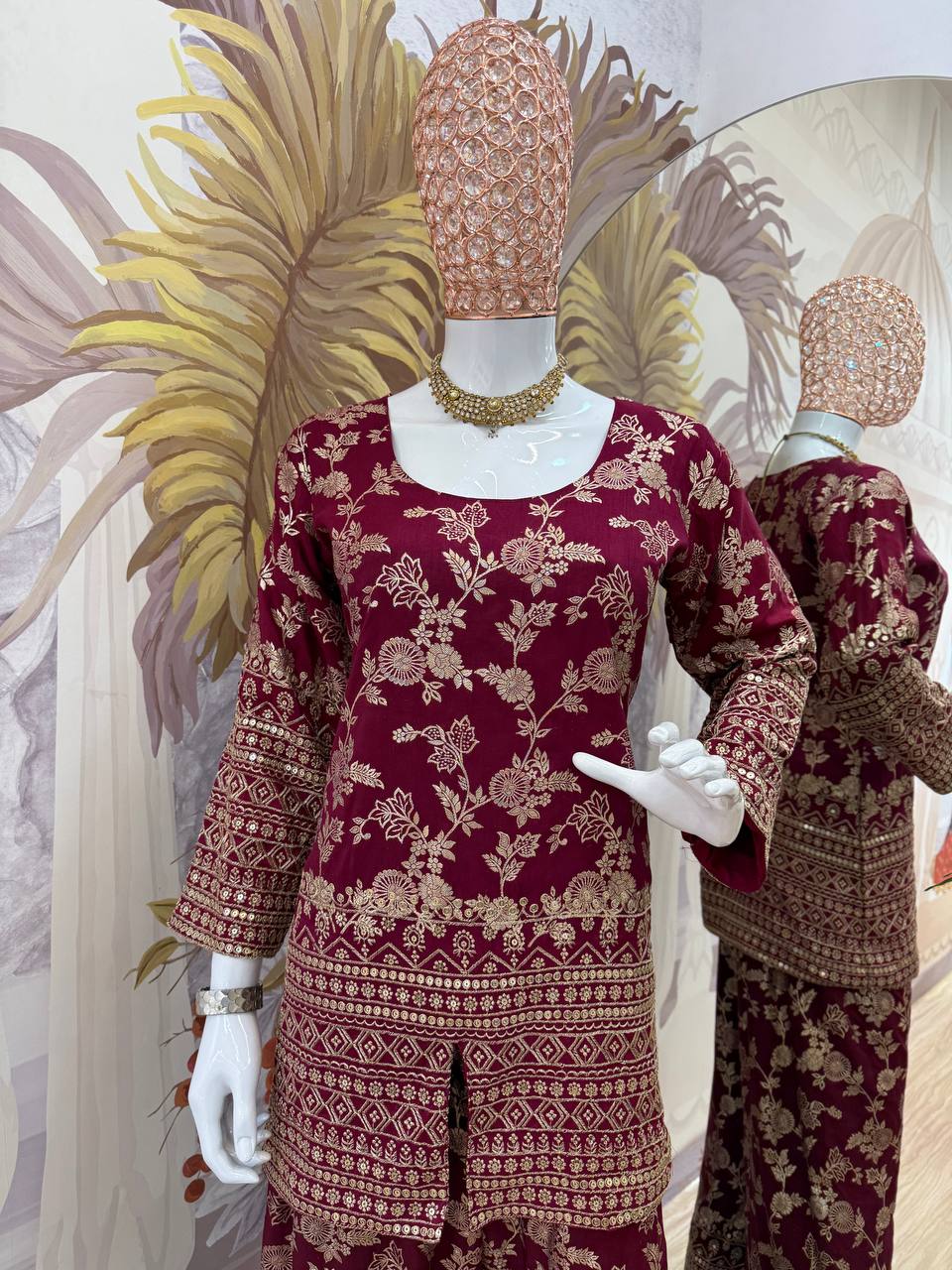 Stylish Maroon Color Dola Silk With Embroidery Work Designer Palazzo Suit