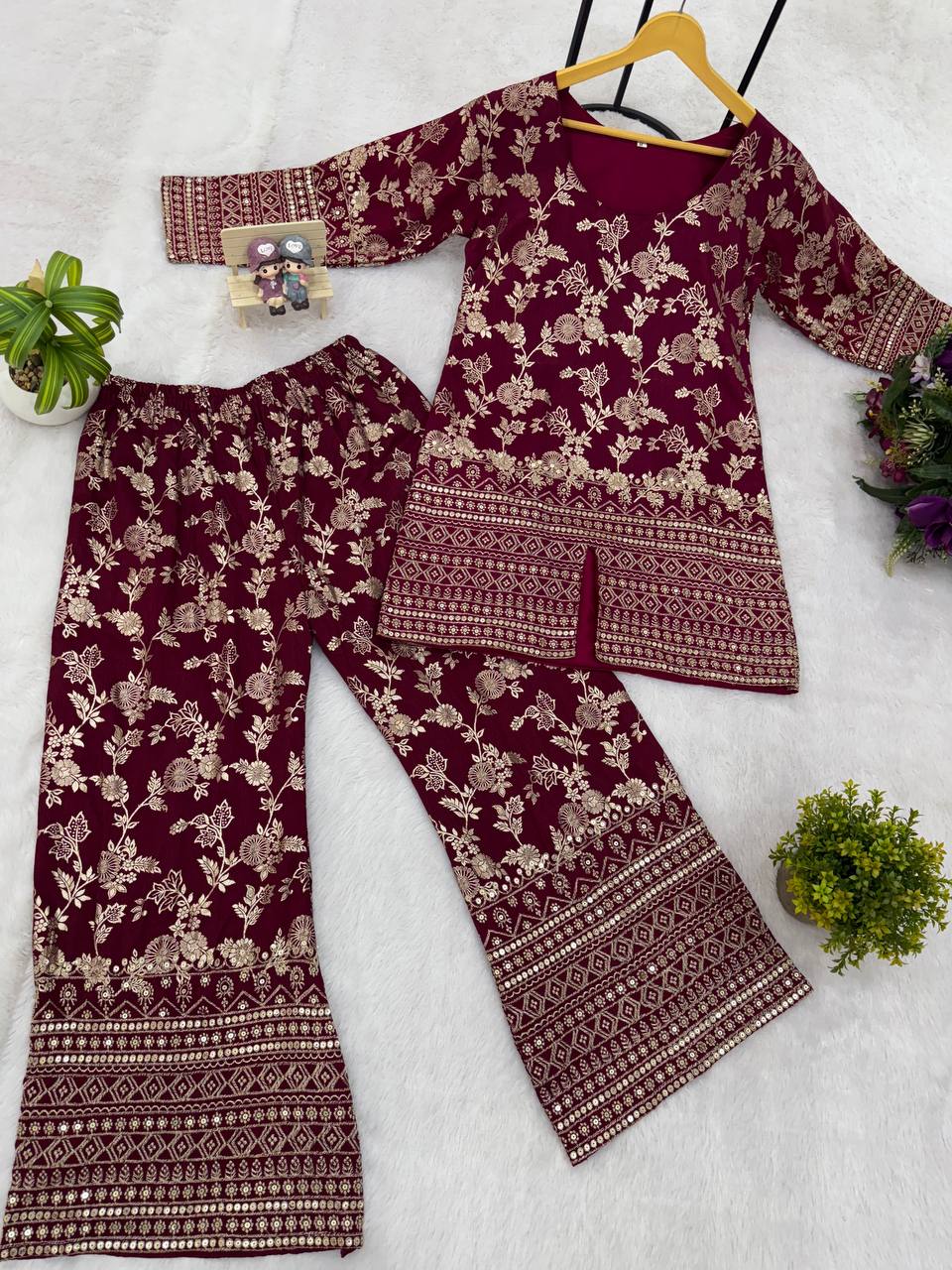 Stylish Maroon Color Dola Silk With Embroidery Work Designer Palazzo Suit