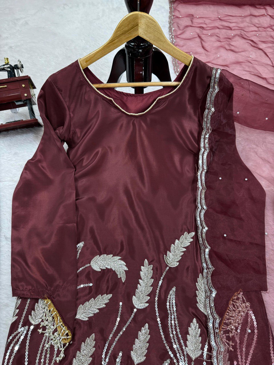 Stylish Wine Color Faux Georgette Thread With Sequence Work Palazzo Suit
