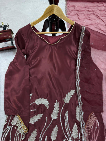 Stylish Wine Color Faux Georgette Thread With Sequence Work Palazzo Suit