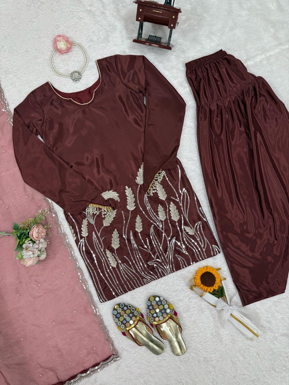 Stylish Wine Color Faux Georgette Thread With Sequence Work Palazzo Suit