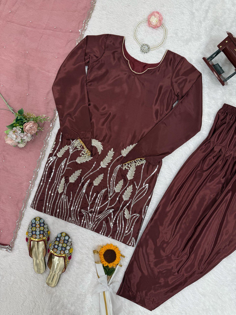 Stylish Wine Color Faux Georgette Thread With Sequence Work Palazzo Suit