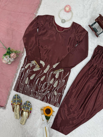 Stylish Wine Color Faux Georgette Thread With Sequence Work Palazzo Suit