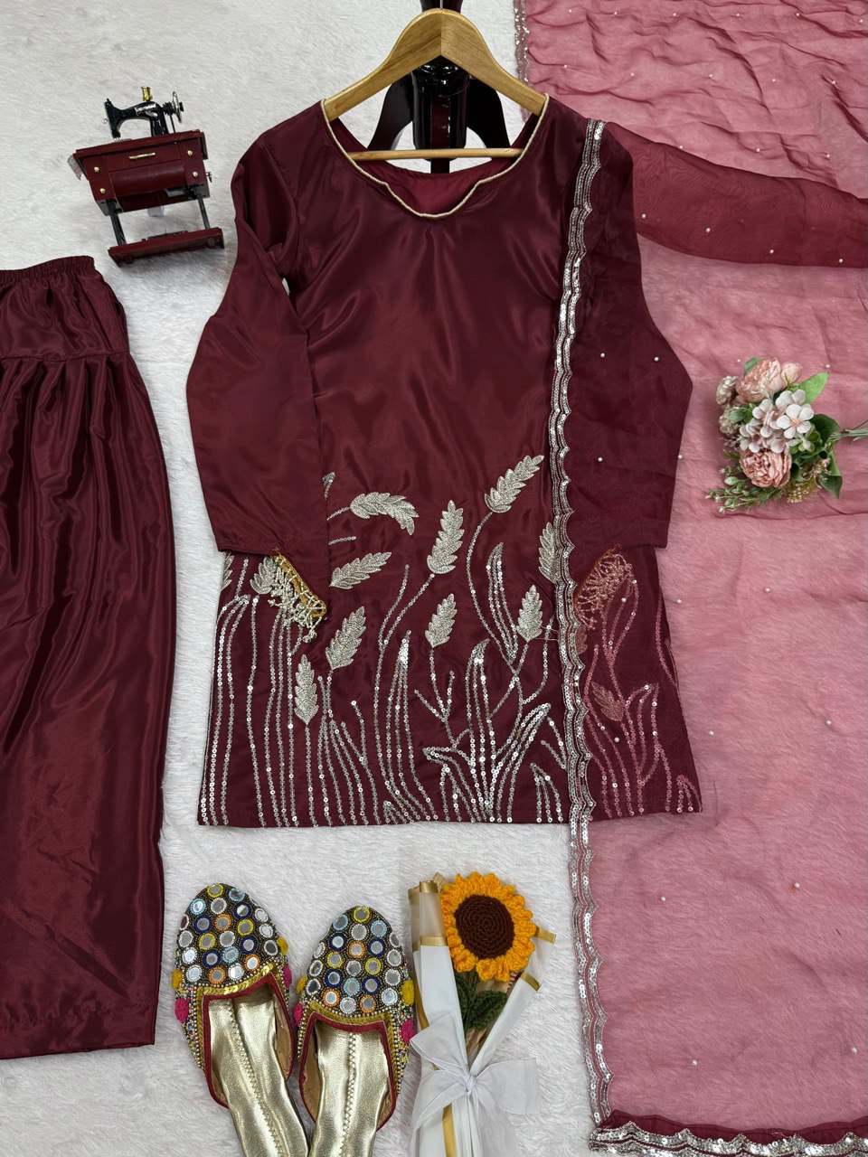 Stylish Wine Color Faux Georgette Thread With Sequence Work Palazzo Suit