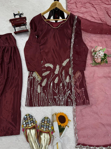 Stylish Wine Color Faux Georgette Thread With Sequence Work Palazzo Suit
