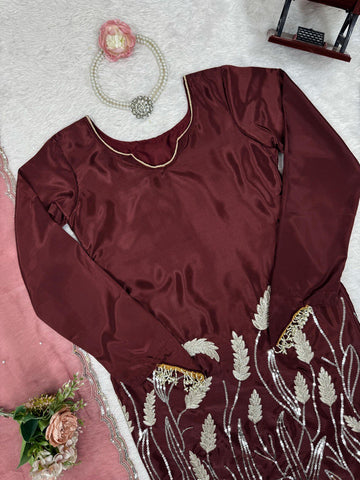 Stylish Wine Color Faux Georgette Thread With Sequence Work Palazzo Suit
