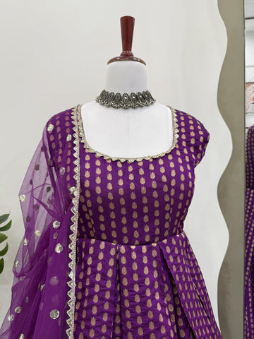 Fancy Purple Color Jacquard Silk Weaving With Lace Broder Beautiful Gown