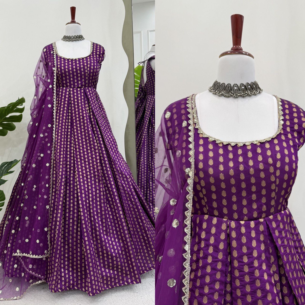 Fancy Purple Color Jacquard Silk Weaving With Lace Broder Beautiful Gown
