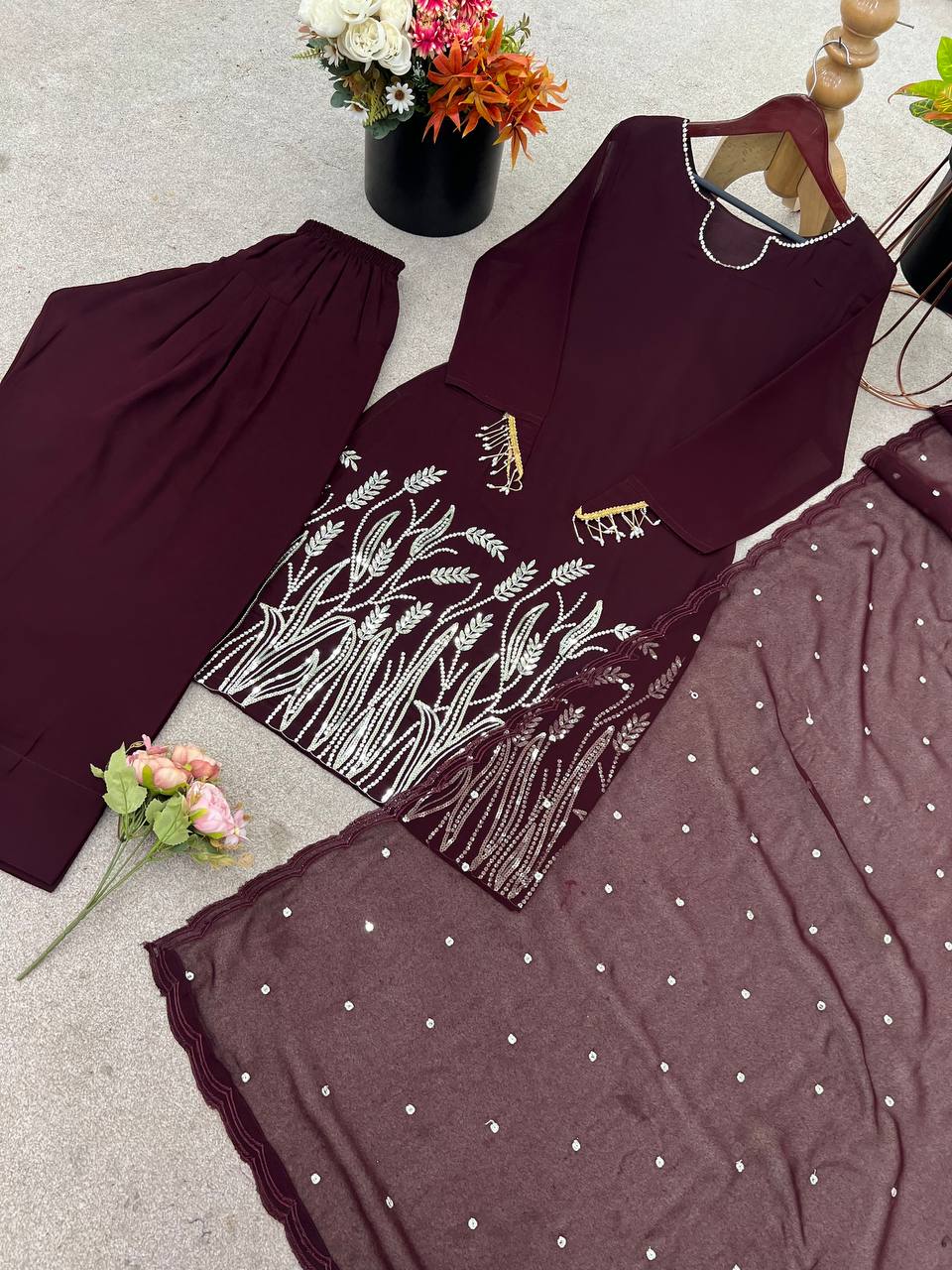 Festive Wear Brown Color Pure Faux Georgette With Embroidery Sequence Work Palazzo Suit