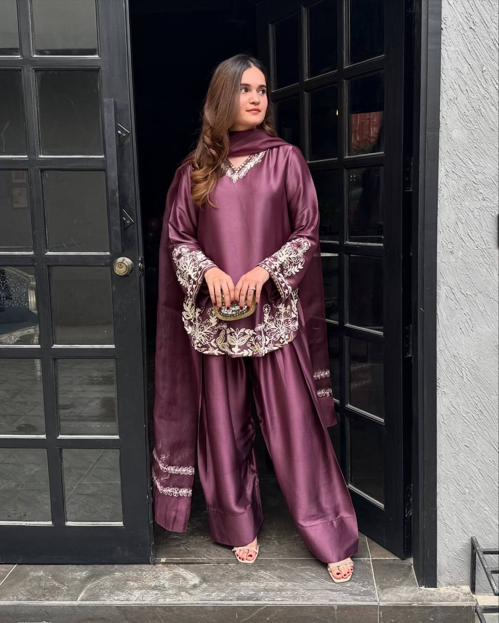 Superhit Dusty Pink Color Pure Natural Crep Silk With Embroidery Sequence Work Palazzo Suit