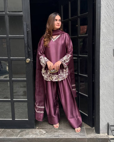 Superhit Dusty Pink Color Pure Natural Crep Silk With Embroidery Sequence Work Palazzo Suit
