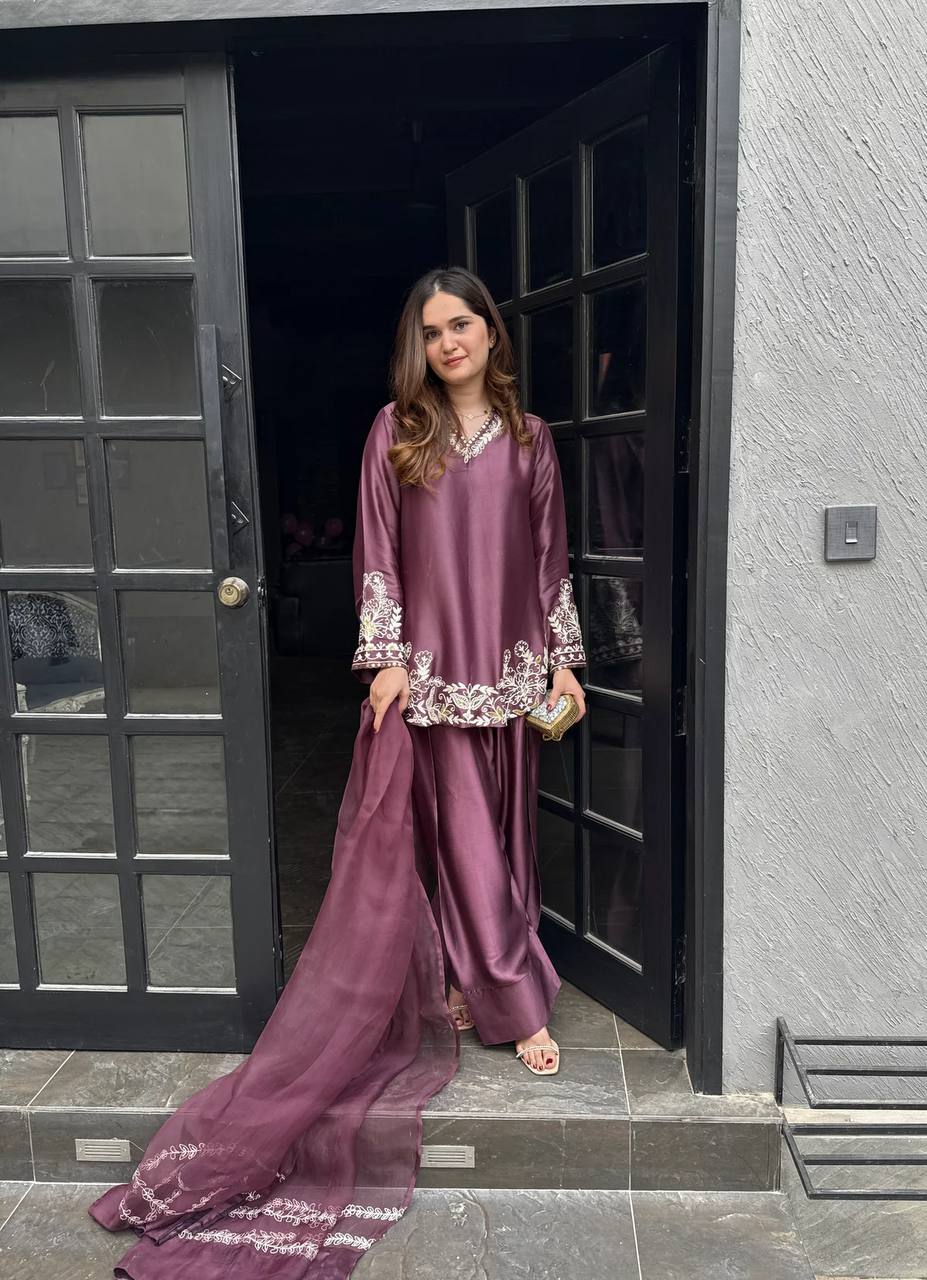 Superhit Dusty Pink Color Pure Natural Crep Silk With Embroidery Sequence Work Palazzo Suit