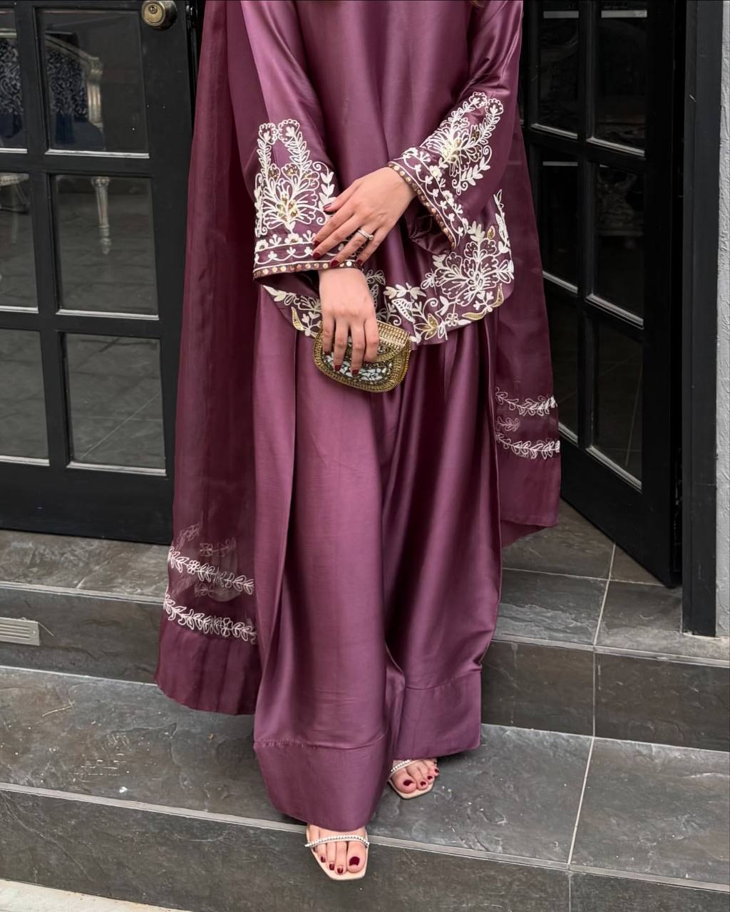 Superhit Dusty Pink Color Pure Natural Crep Silk With Embroidery Sequence Work Palazzo Suit