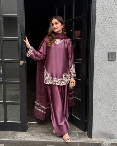 Superhit Dusty Pink Color Pure Natural Crep Silk With Embroidery Sequence Work Palazzo Suit