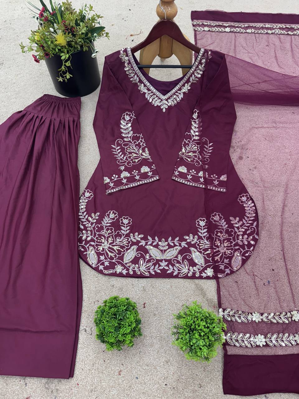 Superhit Dusty Pink Color Pure Natural Crep Silk With Embroidery Sequence Work Palazzo Suit