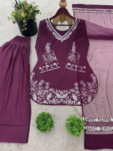 Superhit Dusty Pink Color Pure Natural Crep Silk With Embroidery Sequence Work Palazzo Suit
