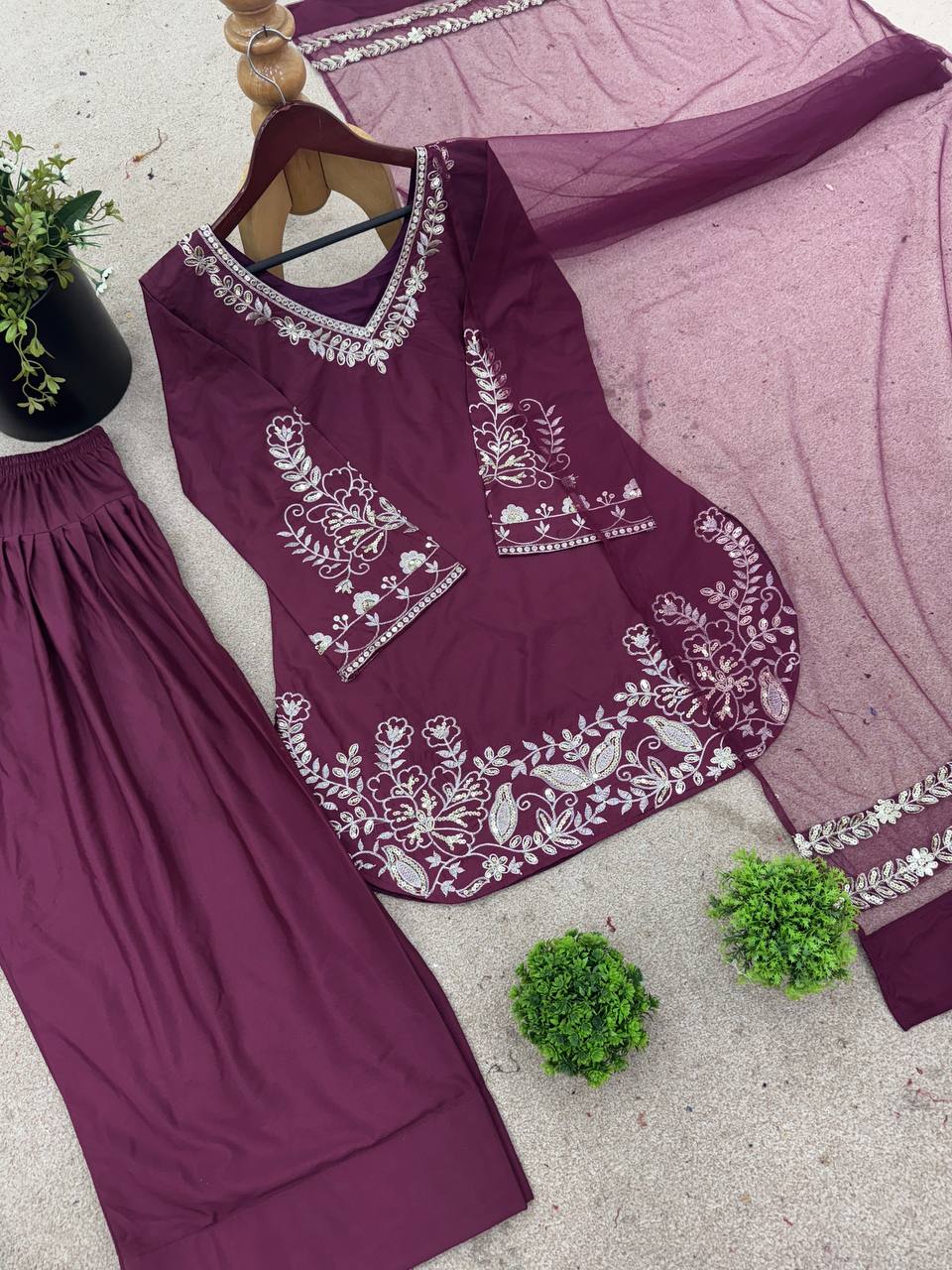 Superhit Dusty Pink Color Pure Natural Crep Silk With Embroidery Sequence Work Palazzo Suit