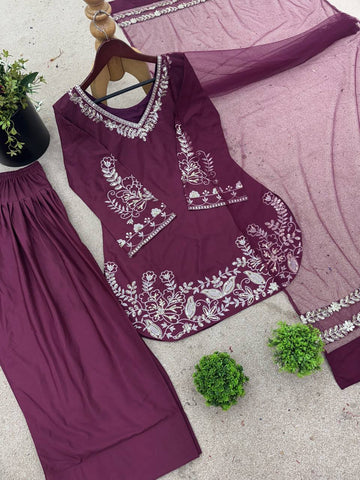 Superhit Dusty Pink Color Pure Natural Crep Silk With Embroidery Sequence Work Palazzo Suit