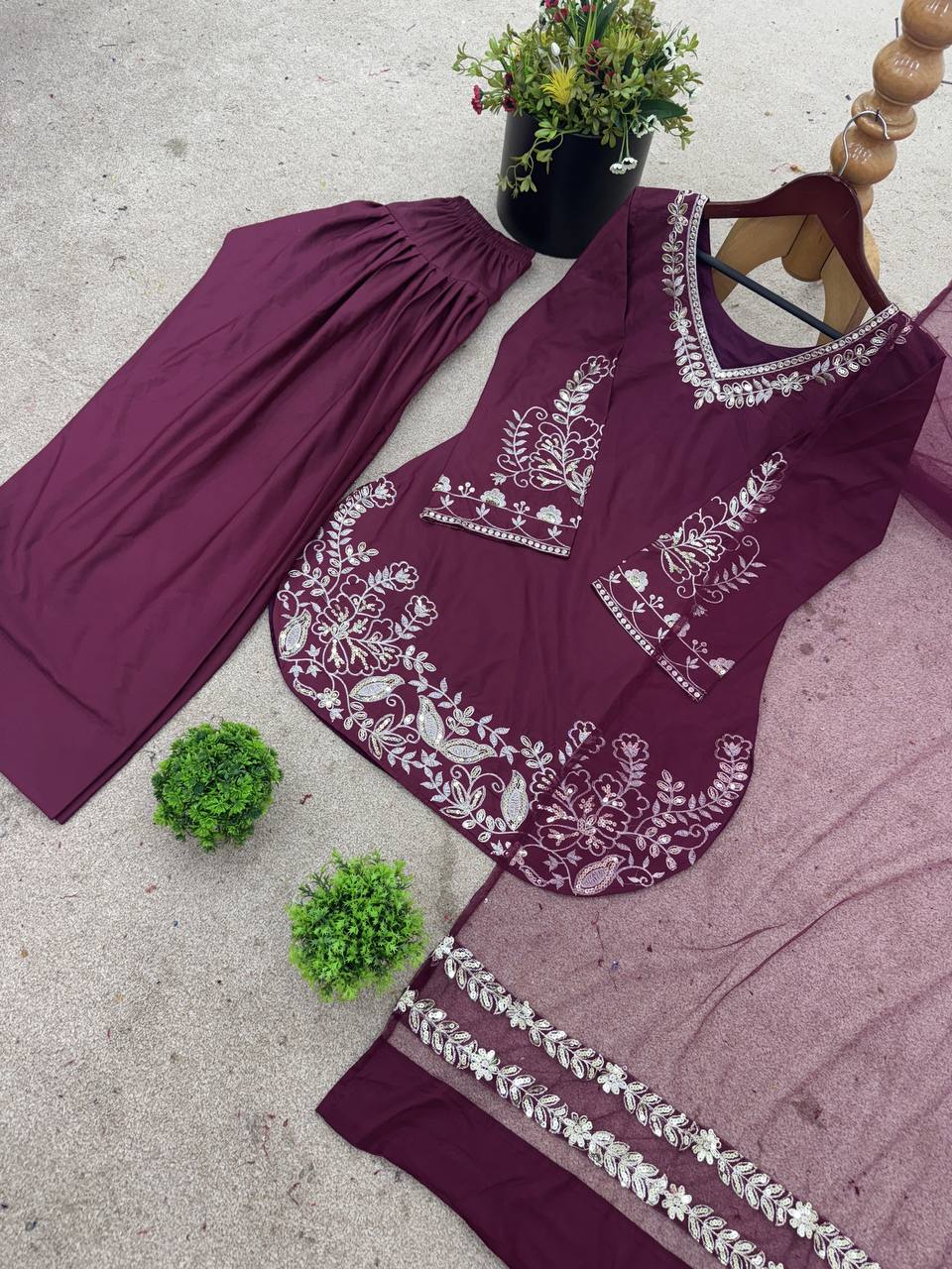 Superhit Dusty Pink Color Pure Natural Crep Silk With Embroidery Sequence Work Palazzo Suit