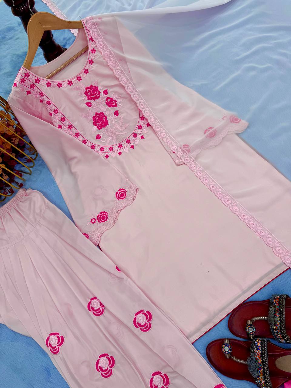 Gorgeous Peach Color Pure Natural Crepe With Embroidery Work Palazzo Suit