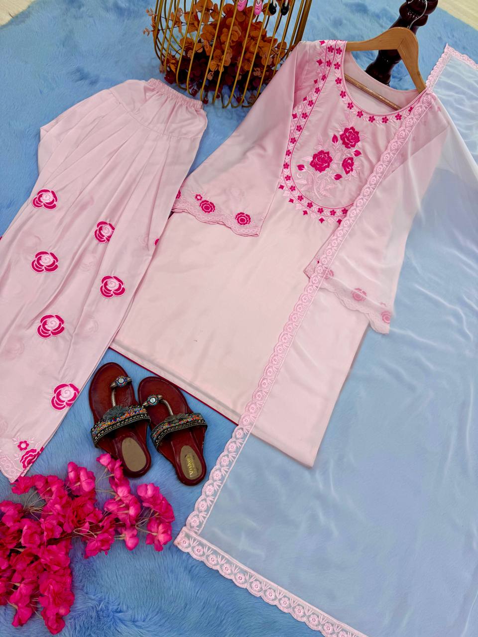 Gorgeous Peach Color Pure Natural Crepe With Embroidery Work Palazzo Suit