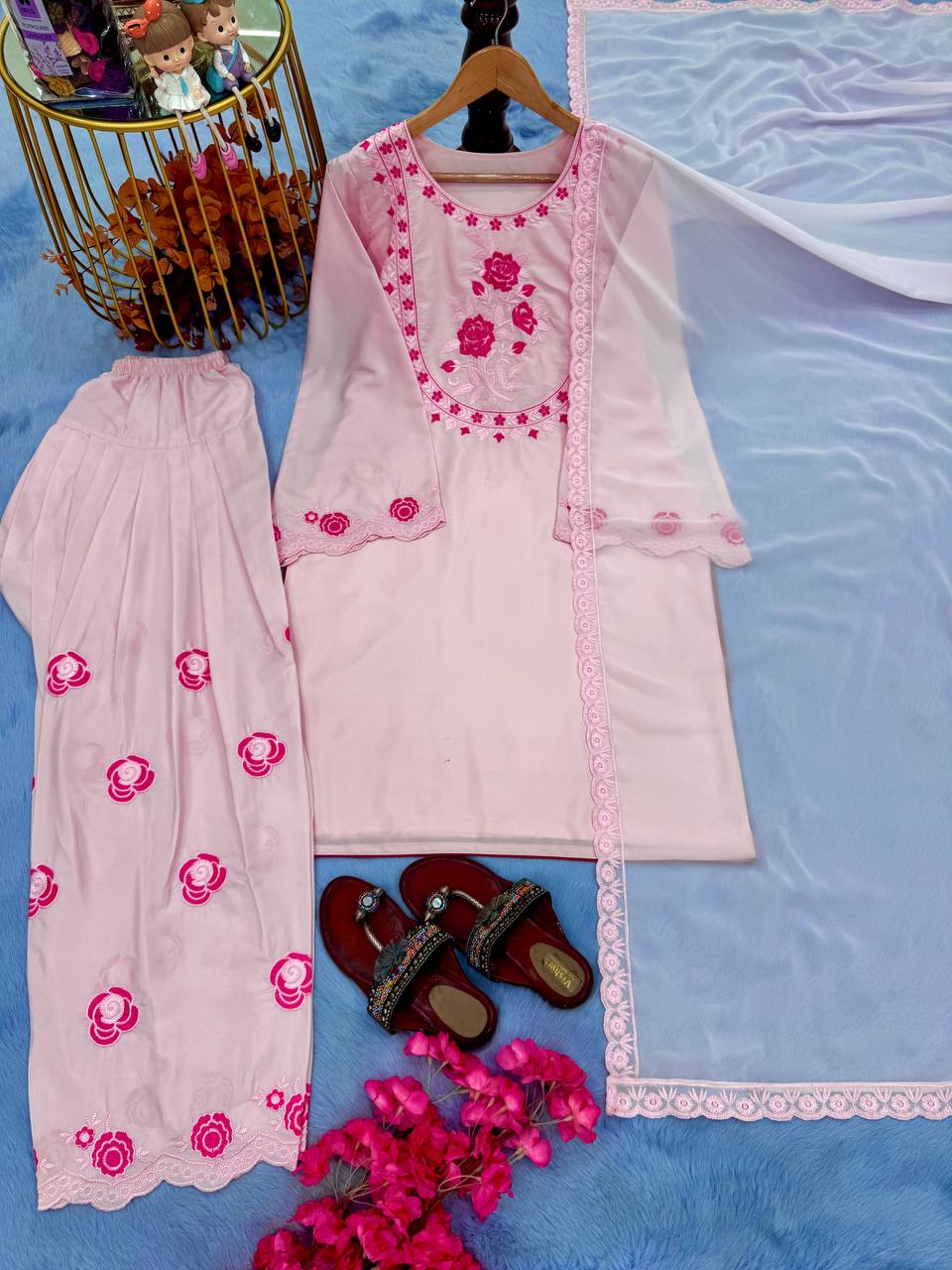 Gorgeous Peach Color Pure Natural Crepe With Embroidery Work Palazzo Suit