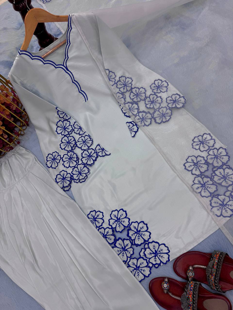 Wedding Wear Off White Color Pure Natural Crepe With Embroidery Work Palazzo Suit