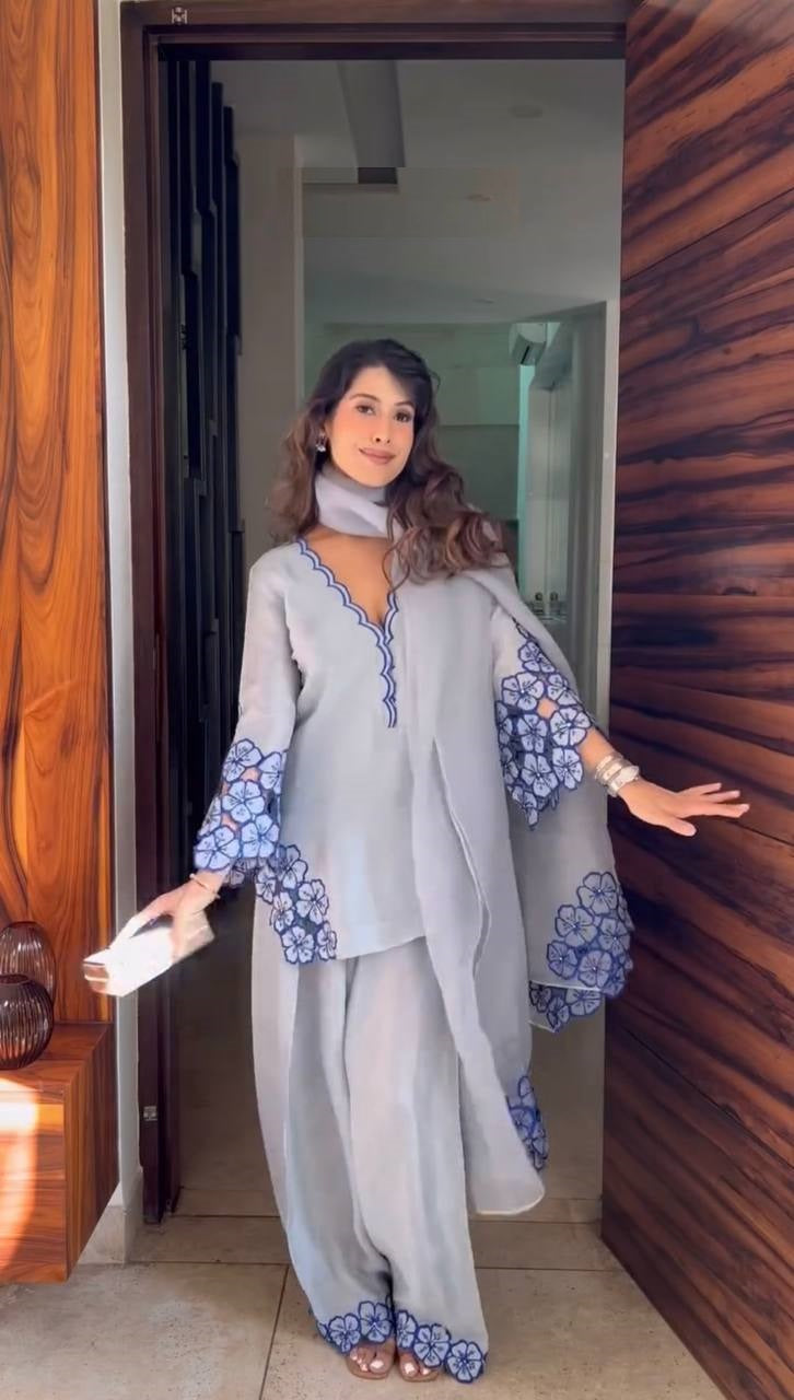 Wedding Wear Off White Color Pure Natural Crepe With Embroidery Work Palazzo Suit